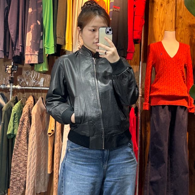 L 램스킨 미니멀 블루종 레더자켓