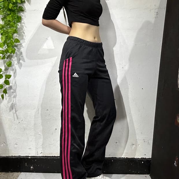 아디다스 블랙 핑크 삼선 와이드 추리닝 바지 트레이닝 팬츠