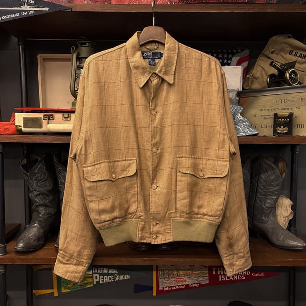 90s 폴로 랄프로렌 윈도우체크 린넨 위빙 블루종 자켓 N826