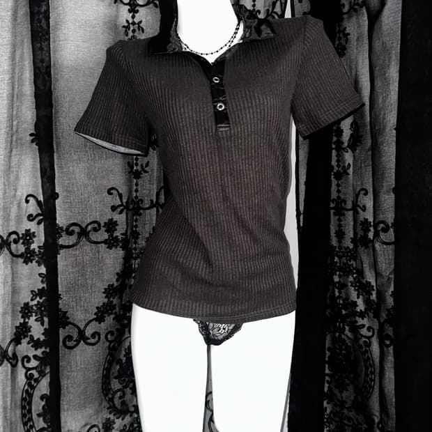 black ribbed satin collar polo shirt