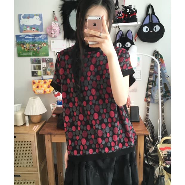 vintage dot pattern neck top pink