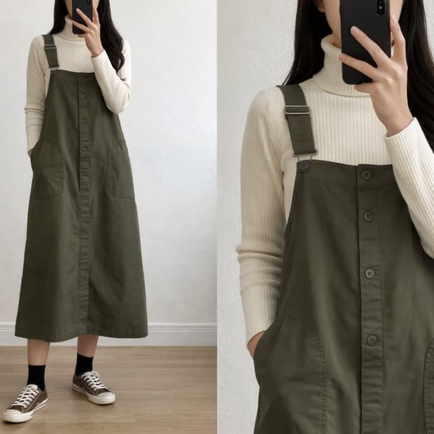 JPN/카키 워크웨어 점퍼스커트/안감있는 서스펜더 원피스 M