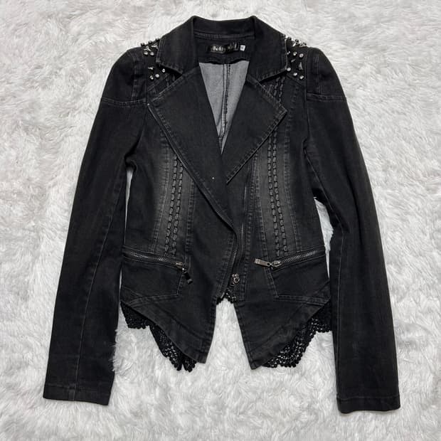 stud zip detailed lace denim jacket 
