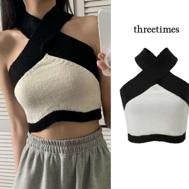 쓰리타임즈 모헤어 니트 블랙홀터탑 엔젤넘버555베이비메탈클럽보헤미안서울