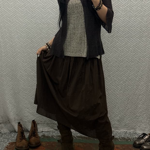 빈티지 초코브라우니 아방핏 플레어 밴딩 롱스커트 K0132