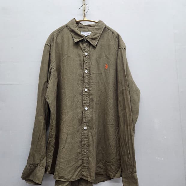 US폴로 로고자수 올리브카키 린넨 셔츠 105(XL)