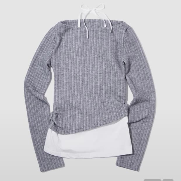 플레이스 스튜디오 골지 더블 레이어드 홀터넥 긴소매 티셔츠 그레이