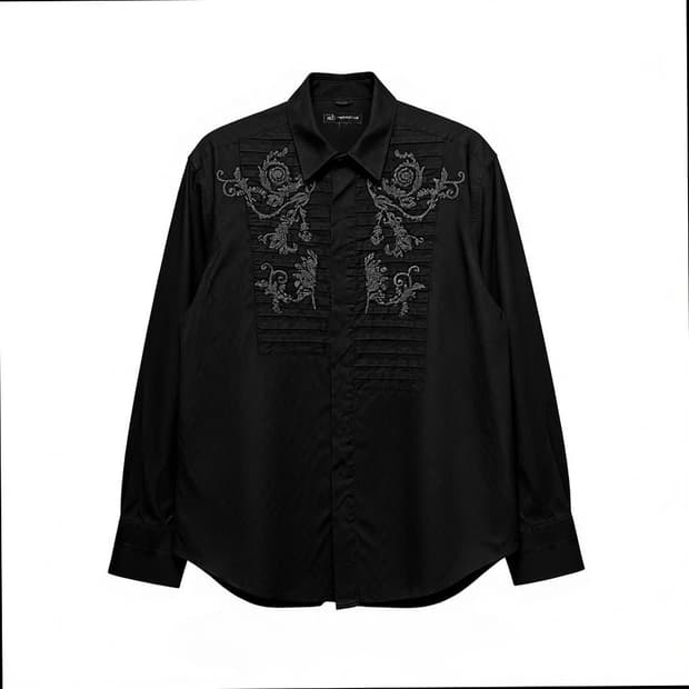 USA VINTAGE 긴팔 셔츠 플로럴 자수 핀턱 히든 버튼 디테일 블랙