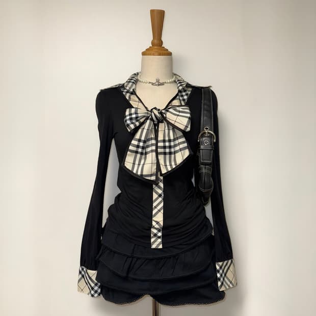 *레어* 핑크믹스 갸루 리본 체크 롱슬리브