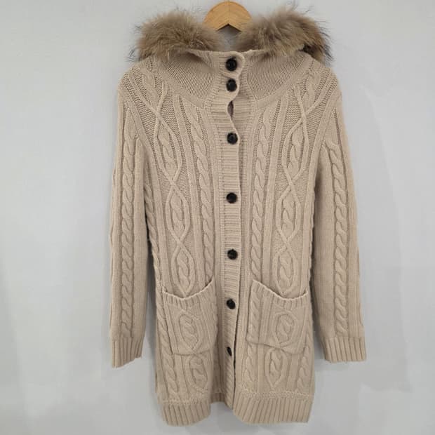 앤클리프 퍼 후드 꽈배기 가디건 90