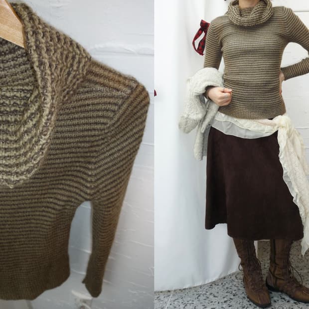 taupe stripe knit turtleneck