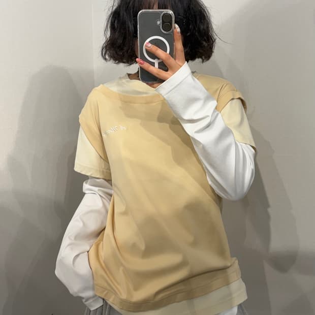 L ANDREA MARTIN 레이어드 롱 슬리브 긴팔 티셔츠 베이지