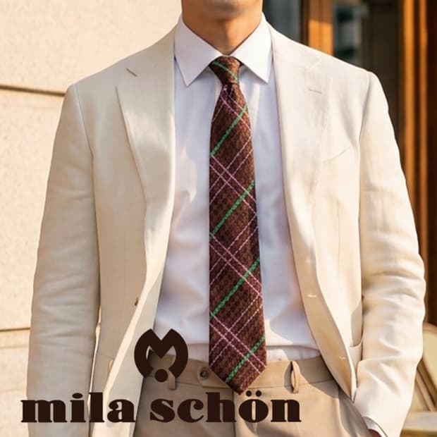 밀라숀 실크 브라운 체크 패턴 넥타이 6.7cm A+등급 E836
