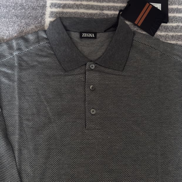 제냐(Zegna) 그레이 코튼 실크 폴로 긴팔 셔츠
