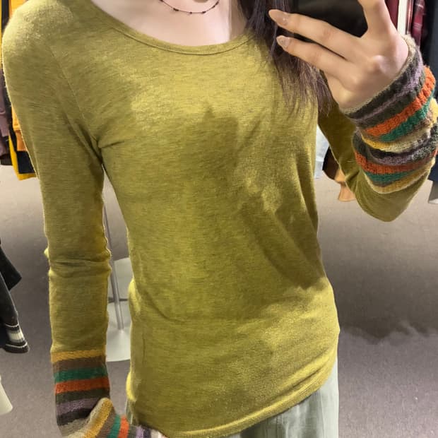 OS)Japanese vintage 여성 니트 소매 배색 롱 슬리브