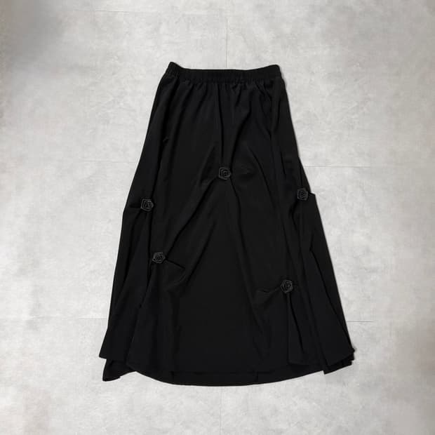 빈티지 플라워 코사지 롱 스커트 블랙