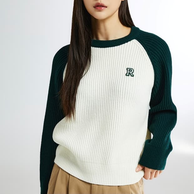 스파오 래글런 자수 스웨터 네이비 / 헌터