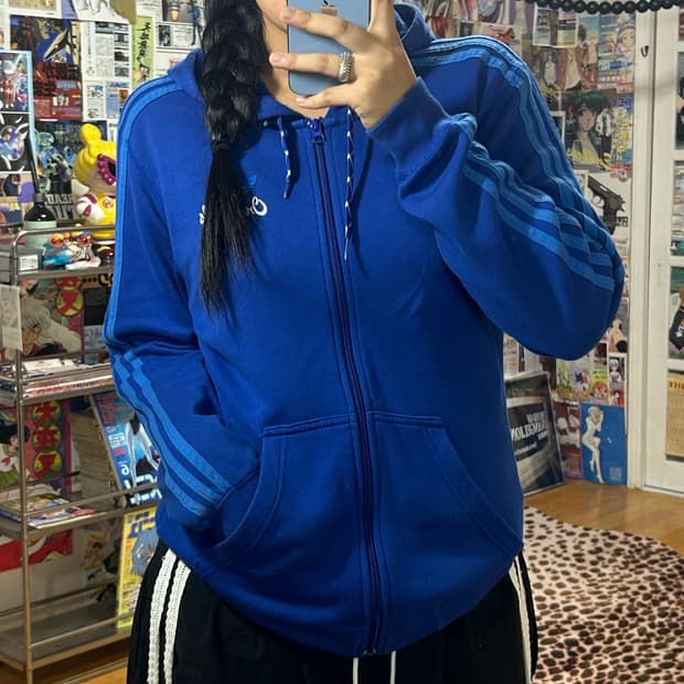 아디다스 오리지널 블루 삼선 후드 집업