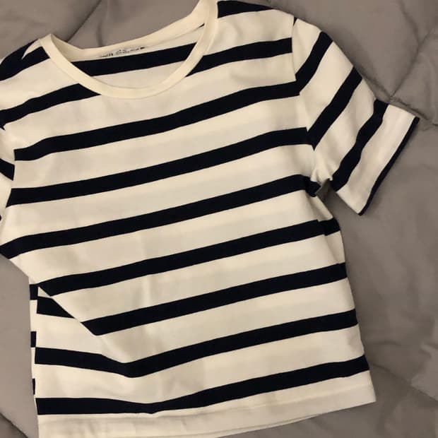 자라 스트라이프 크롭 면 반팔티 화이트/네이비