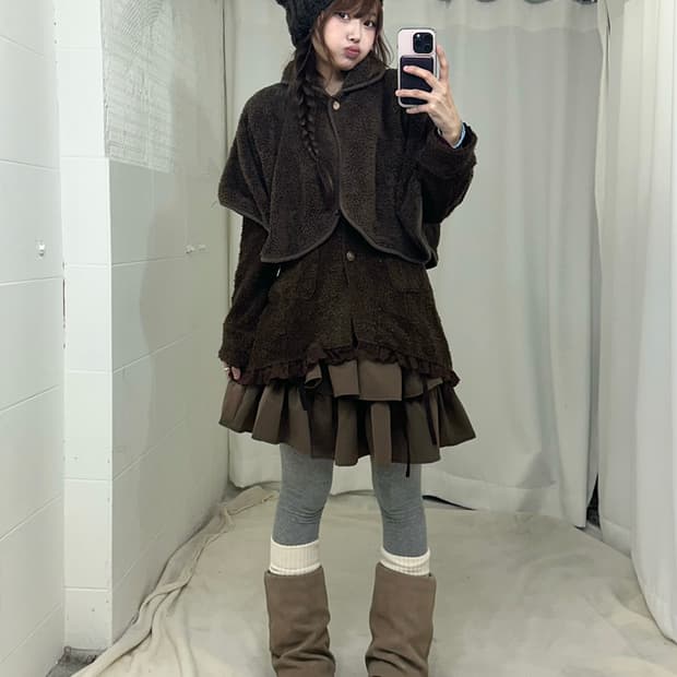 액시즈팜 초코브라운 레이스 블레이저 니혼진 코디세트