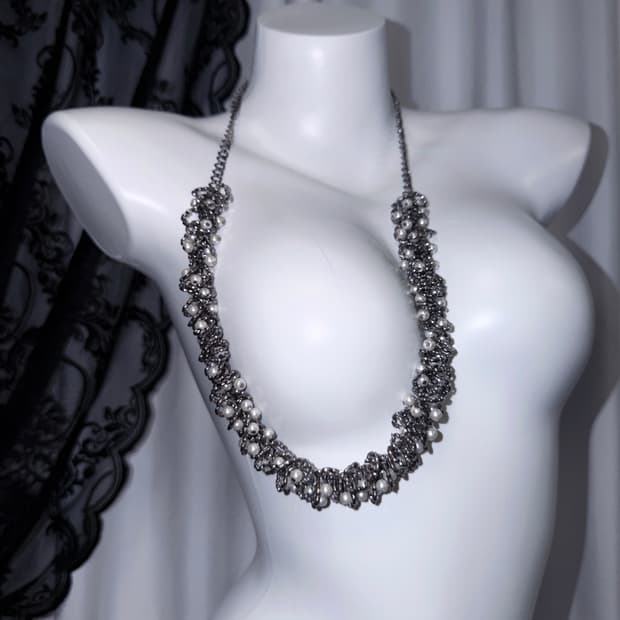 ༒ NECKLACE 008 실버 진주 펄 클러스터 체인 네크리스