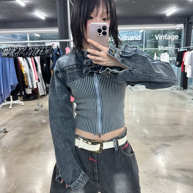 워싱 데님 버크 투웨이 크롭 니트콤비 자켓