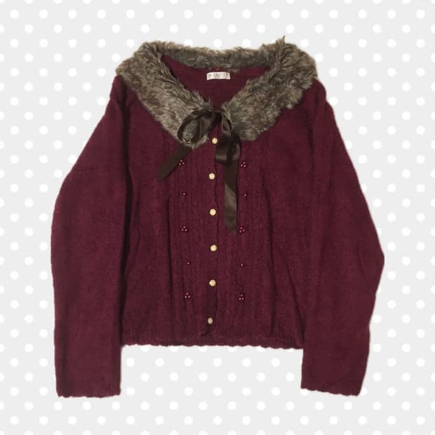 빈티지 엑시즈팜 버건디 퍼 니트가디건