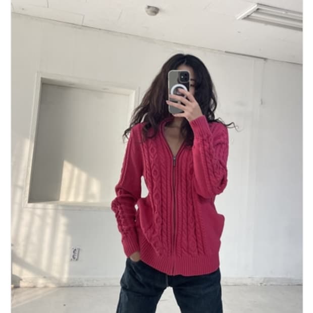 L.L.Bean 폴로 꽈배기 케이블 니트 집업 마젠타 핑크