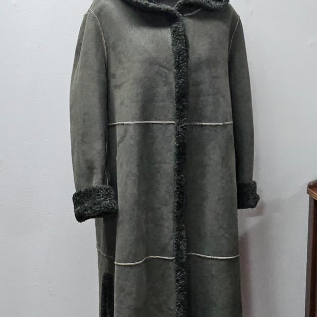 후드 양면 무스탕 롱 코트 그린 L