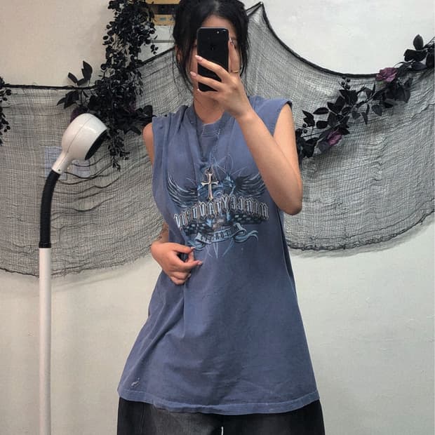 할리데이비슨 블루 로고 프린팅 슬리브리스