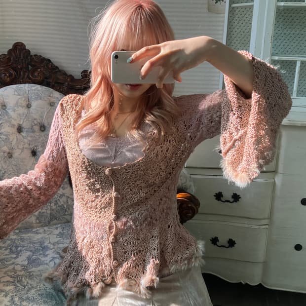 페어리 핑크 퍼 트리밍 아카이브 레이스 니트 가디건