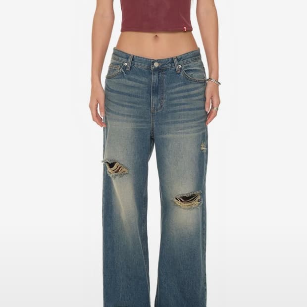 투머치택스 로우라이즈 데미지 데님 빈티지 블루