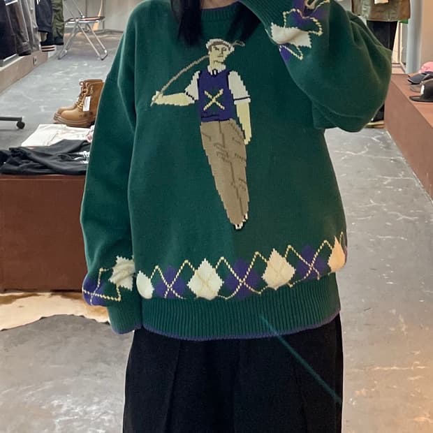 빈티지 풀오버 아가일 골프 그린 니트 H1661