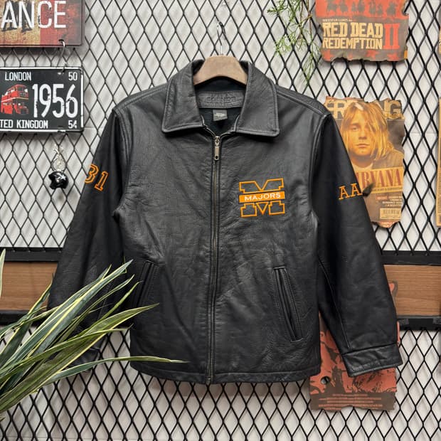 USA VINTAGE 레더 팀 자켓 사이드 자수 레터링 포인트 블랙