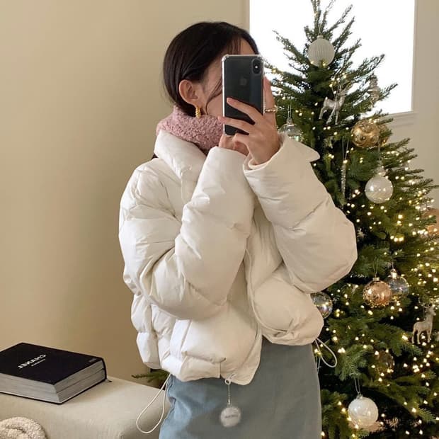 오리털 숏 패딩 아이보리, 블랙