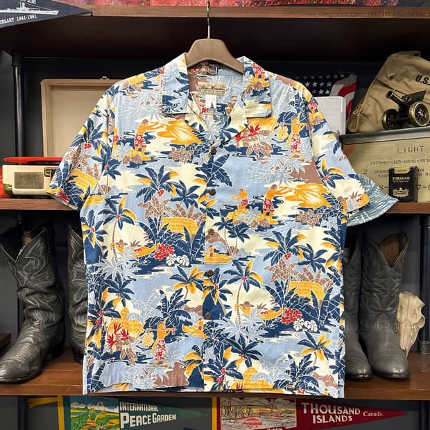 90s 블루하와이 폴리네시아 테마 프린팅 알로하셔츠 N1274