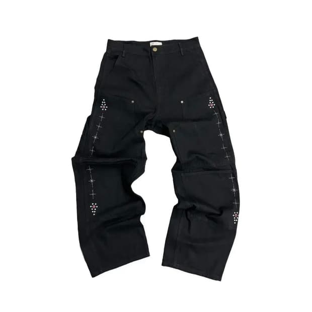 아오이로 페이크 스터드 커티드 더블니 팬츠