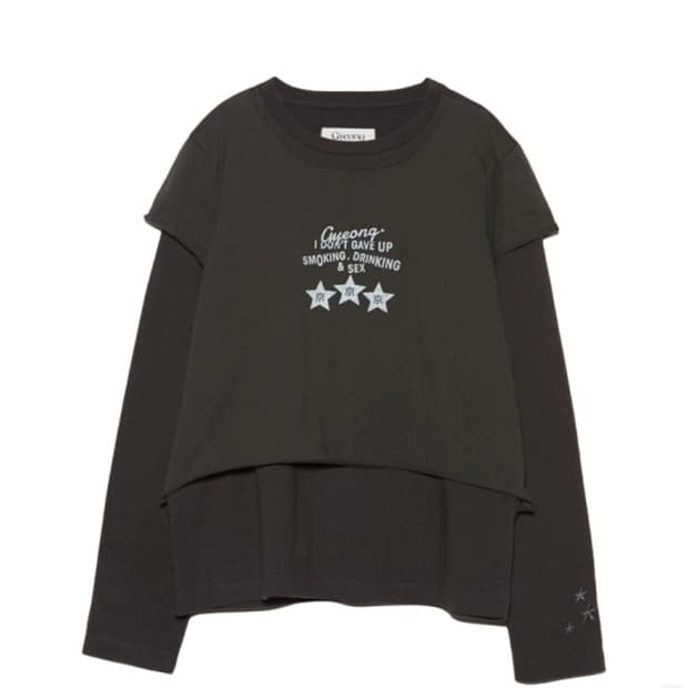 경 더블 레이어드 롱 슬리브 티 차콜 Gyeong Double Layer