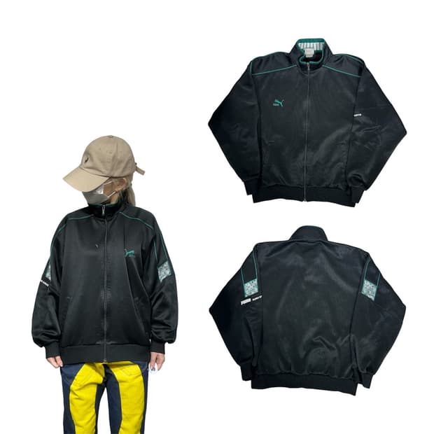 푸마 블랙 그린 로고 트랙탑 져지