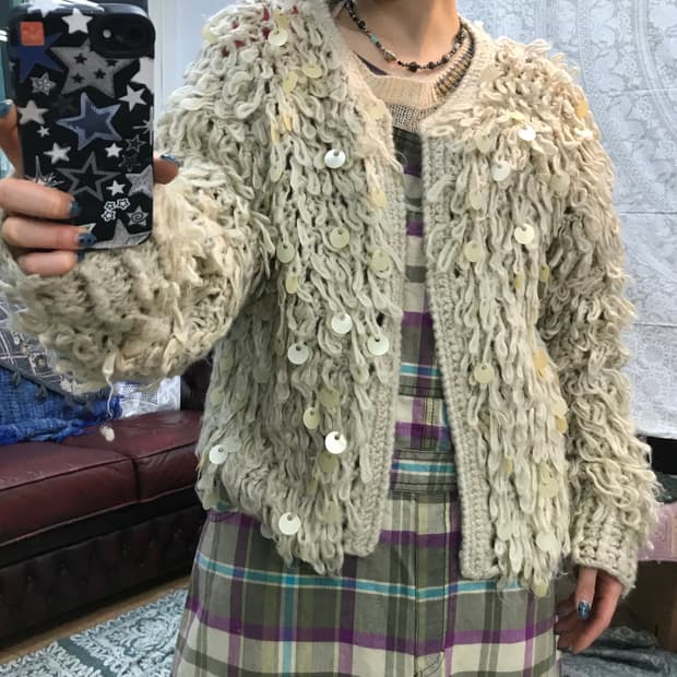 빈티지 여성 스팽글 니트 오픈 가디건 