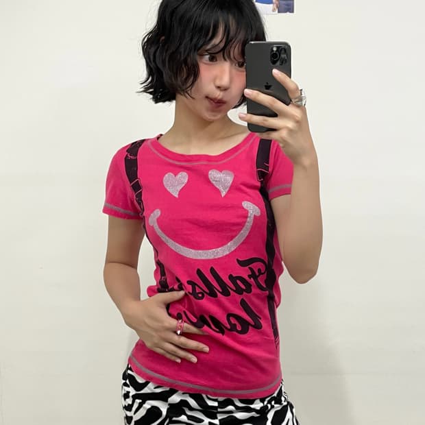 Smile Face Suspender Pink T-shirt