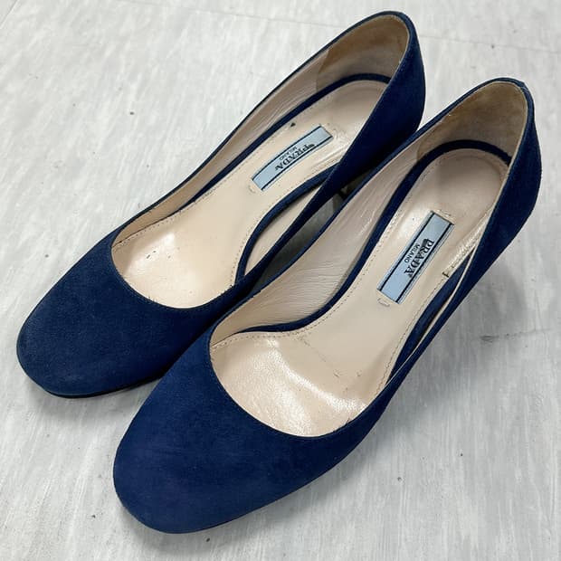 프라다 블루 네이비 스웨이드 레더 펌프스 힐 여성 구두 230mm