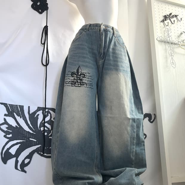 • denim hurt printed wide pants 