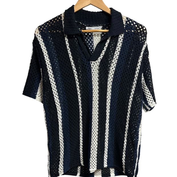 자라(ZARA) 스트라이프 니트 반팔 크로쉐 카라 반팔티셔츠