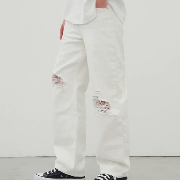 후러브스아트 세미 와이드 디스트로이드 데님 팬츠 크림 청바지 XS