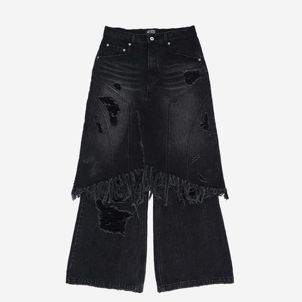 선데이오프클럽 레이어드 스커트 플레어드 데님 진 워시드 블랙