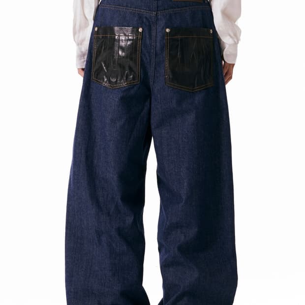AAKAM Leather Patch Denim Pants (Blue)