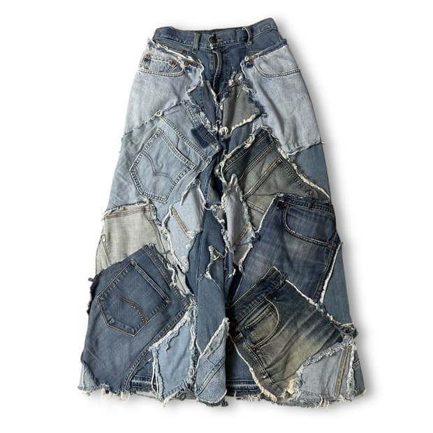  (28) 빈티지 중청 패치워크 커스텀 와이드 데님 팬츠