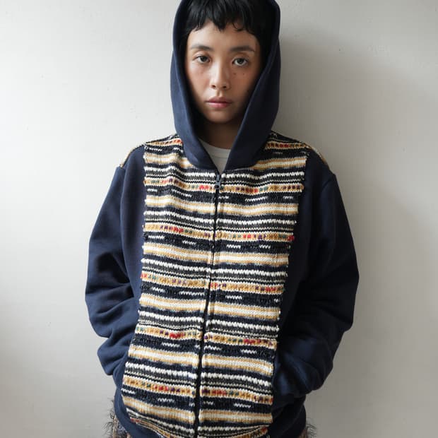 0tape FABRIC BLOCK HOODED ZIP-UP NAVY