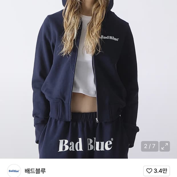 배드블루 베어이어 집업 크롭 후드집업 네이비